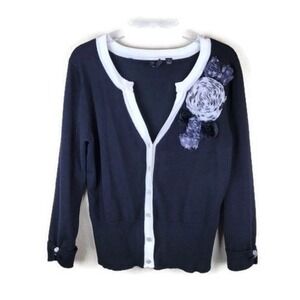 FAENZA Navy Black White‎ Trim Floral Applique Cardigan Sweater Women's Size S